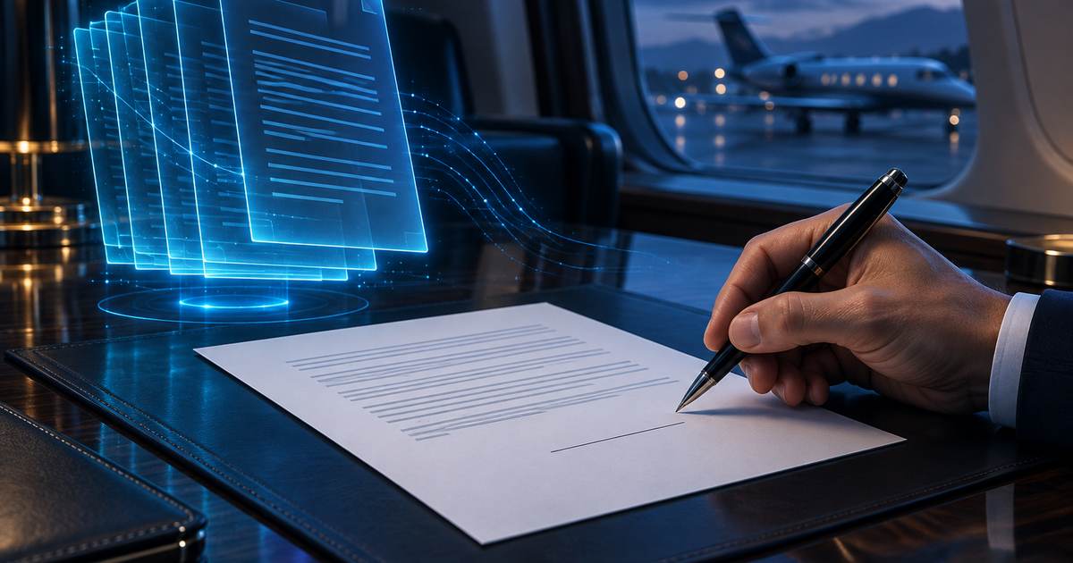 Document posé sur un bureau avec une ligne de signature restée vide, une main humaine tenant un stylo au-dessus, et une pile de pages holographiques à côté