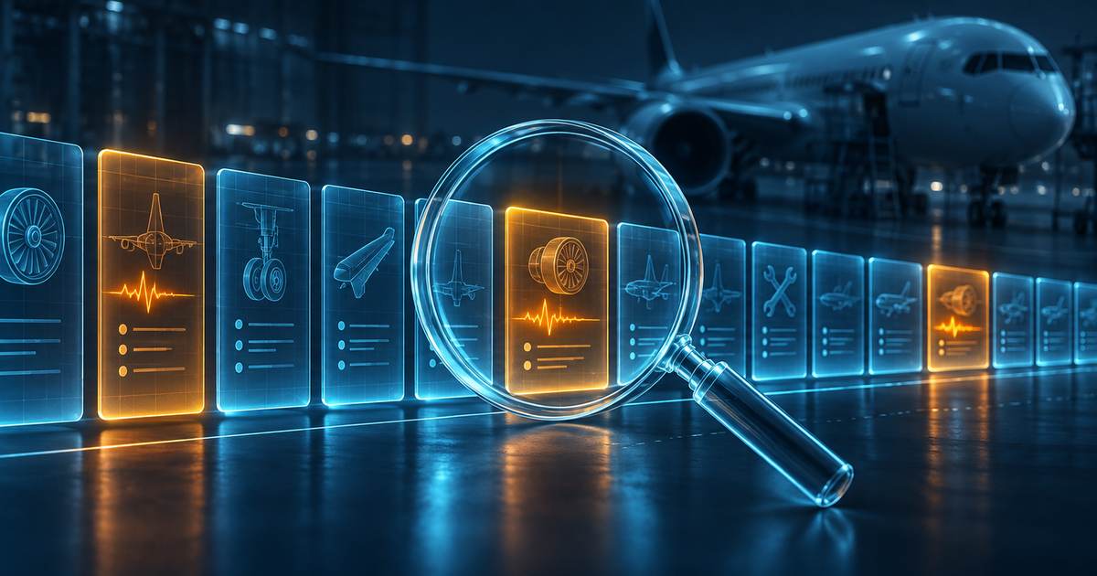Rangée de fiches de maintenance holographiques dans un hangar, trois d'entre elles allumées en orange sous une loupe, un avion de ligne en arrière-plan