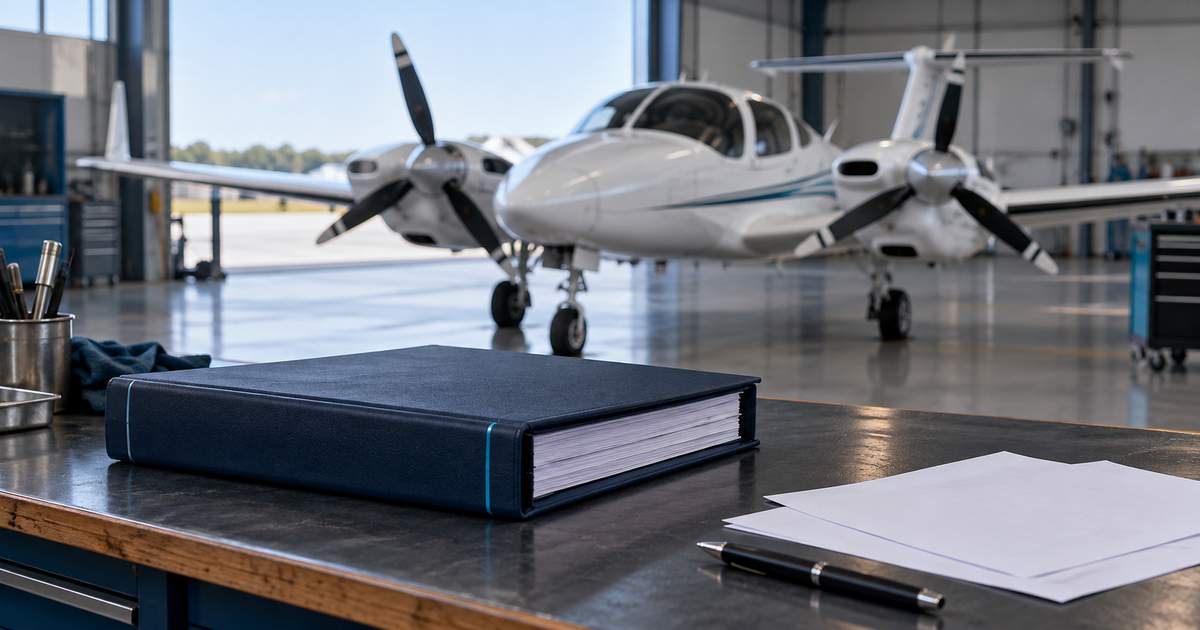 Illustration d’un dossier de maintenance sur un établi, devant un bimoteur léger dans un hangar