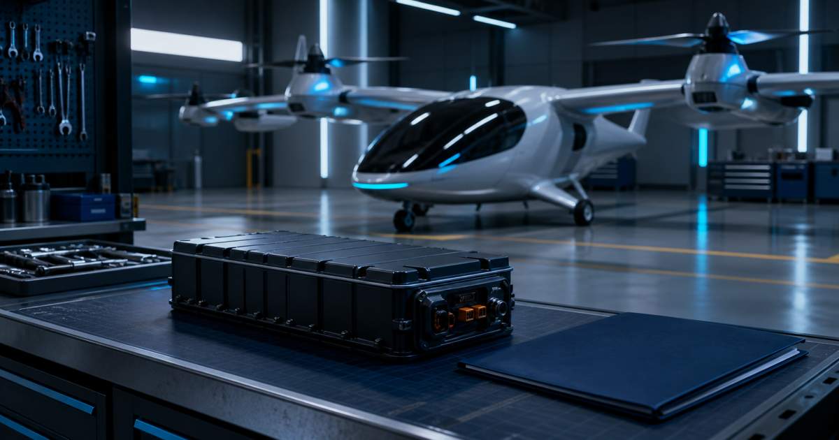 Un module de batterie et un dossier fermé dans un hangar abritant un aéronef électrique illustratif