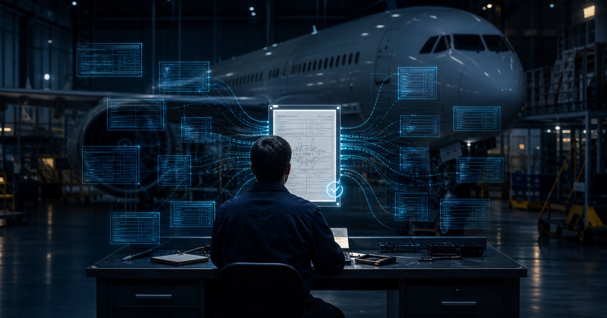 Technicien de maintenance face à des tables de données reliées à un dossier source dans un hangar aéronautique