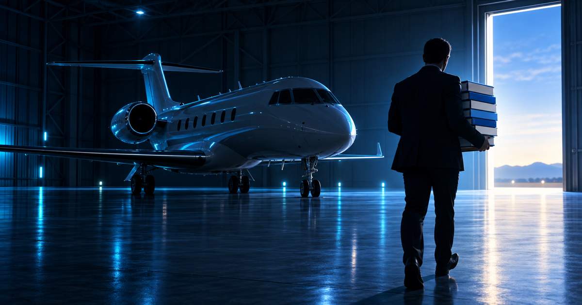Jet d'affaires immobilisé dans un hangar sombre, dossiers techniques lumineux transférés vers la main d'un propriétaire