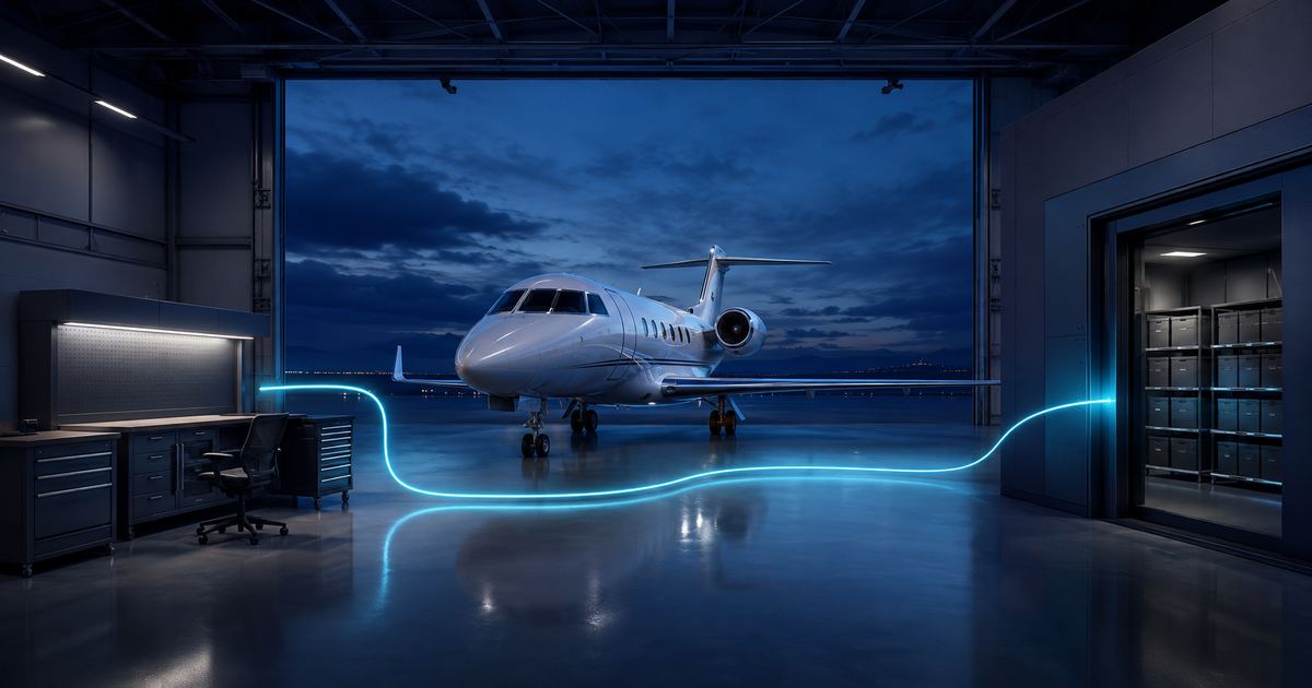 Jet d'affaires dans un hangar, relié à un poste de travail et à une archive par un fil lumineux continu