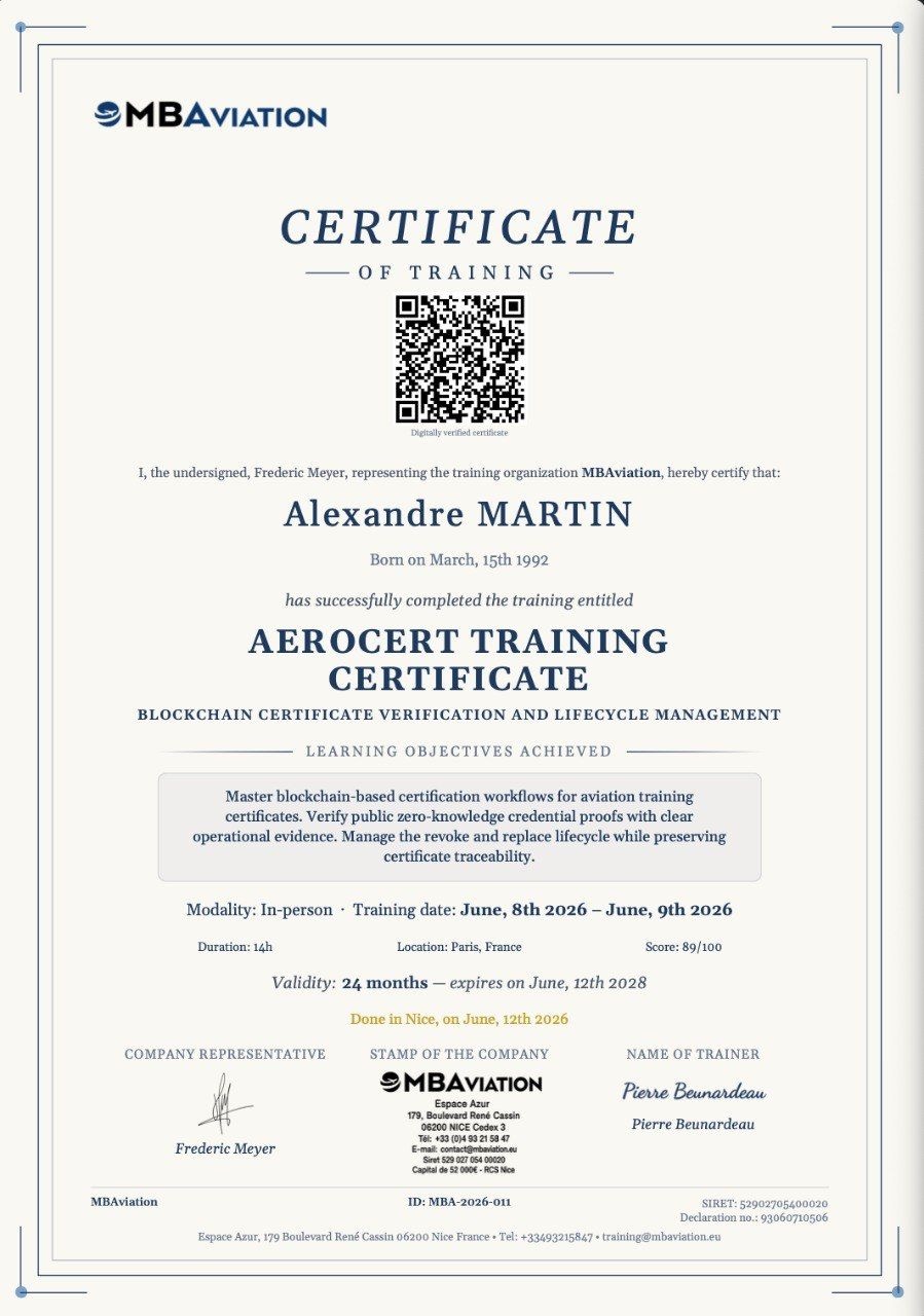 Un certificat AeroCert vérifiable par QR code, émis via MBA Clarity